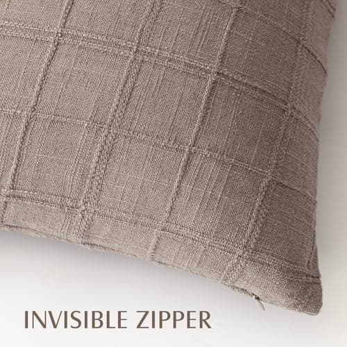 Farmhouse Decorative Linen Check Throw Pillow Covers Set of 2 for Living Room, 22x22 Inch