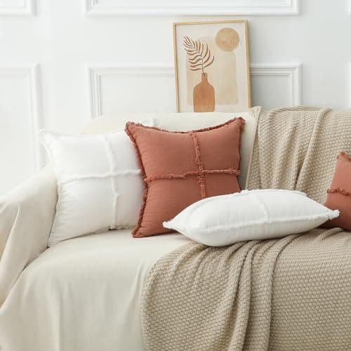 Hckot Boho Farmhouse Throw Pillow Covers, Fringed Tassels, Cozy White Home Decor