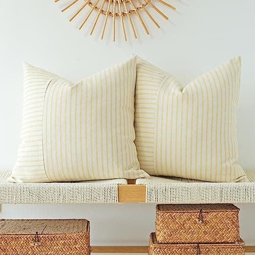Navy Blue and Beige Patchwork Farmhouse Pillow Covers 16x16 Inch, Pack of 2