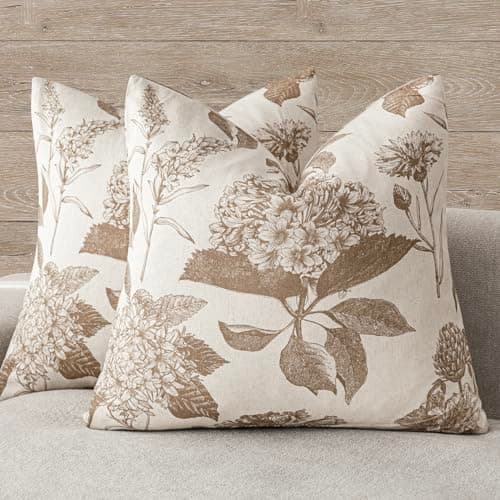 Vintage Floral Linen Throw Pillow Covers Set of 2 for Farmhouse Home Decor, 22x22 Inch