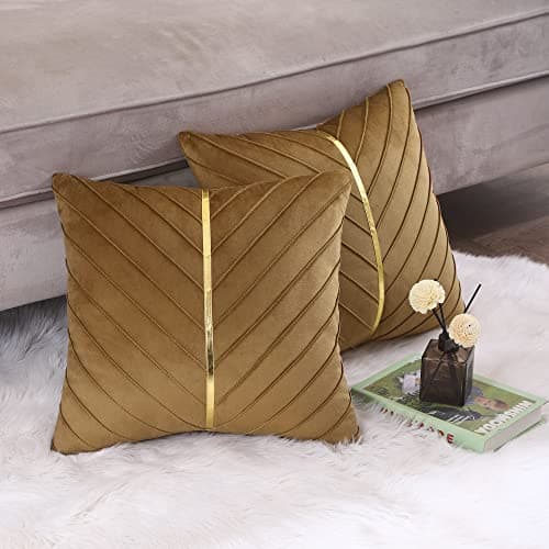 Tosleo Gold Leather Decor 18x18 Inch Brown Velvet Throw Pillow Covers