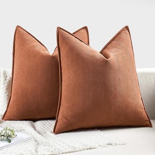 Pack of 2 Burnt Orange Chenille Decorative Pillow Covers 20x20 Inch for Farmhouse Style Home Decor