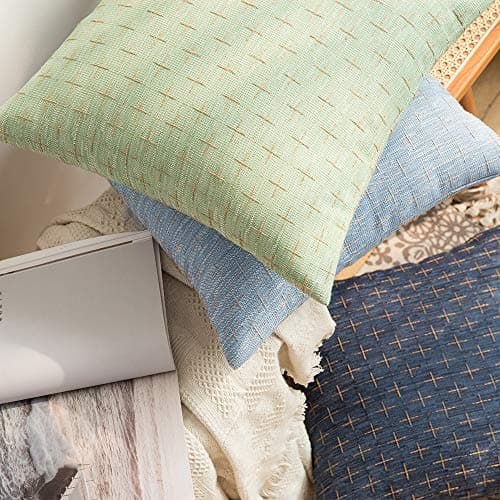 Modern Farmhouse Burlap Linen Pillow Covers for Sofa Couch Bed - Set of 2 Blue - 18x18 Inch