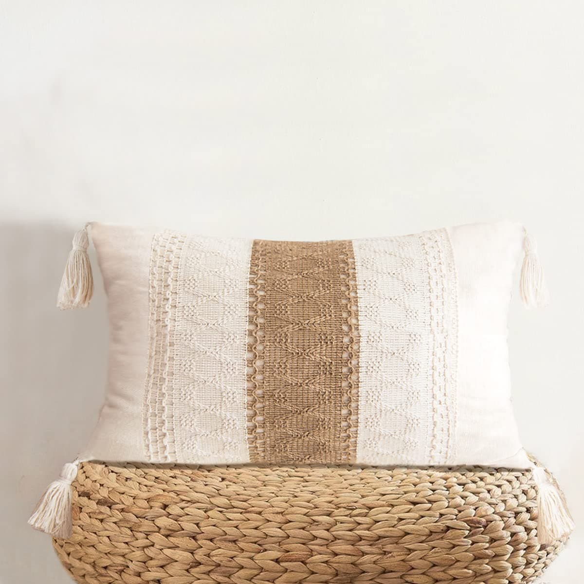 Farmhouse Throw Pillow Cover with Tassels - Boho Neutral Accent for Couch Sofa