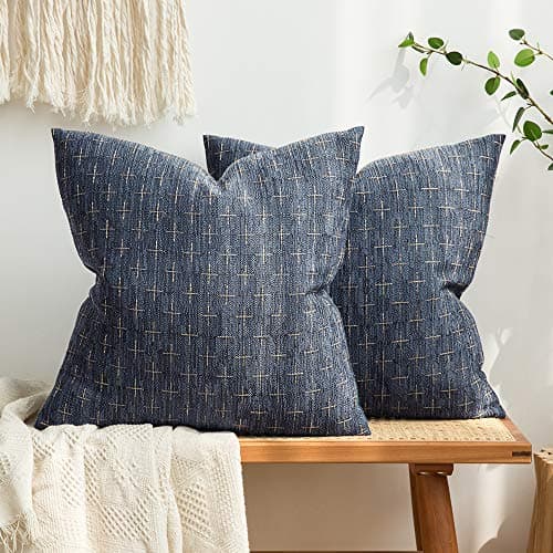 Modern Farmhouse Burlap Linen Pillow Covers for Sofa Couch Bed - Set of 2 Blue - 18x18 Inch
