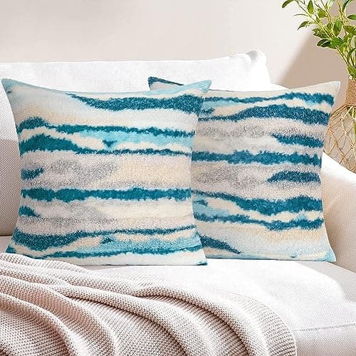 Fluffy Tan Throw Pillow Covers Set of 2 - 18 X 18 Boucle Sherpa Pillow Covers