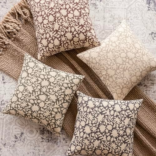 Neutral Floral Throw Pillow Covers Set of 2 for Farmhouse Decor - 20x20 Inch, Ivory Beige