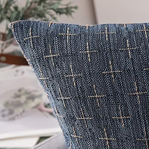 Modern Farmhouse Burlap Linen Pillow Covers for Sofa Couch Bed - Set of 2 Blue - 18x18 Inch
