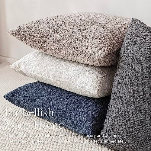 Neutral Grey Textured Boucle Throw Pillow Covers - 18 x 18 Inch Square for Home Decor