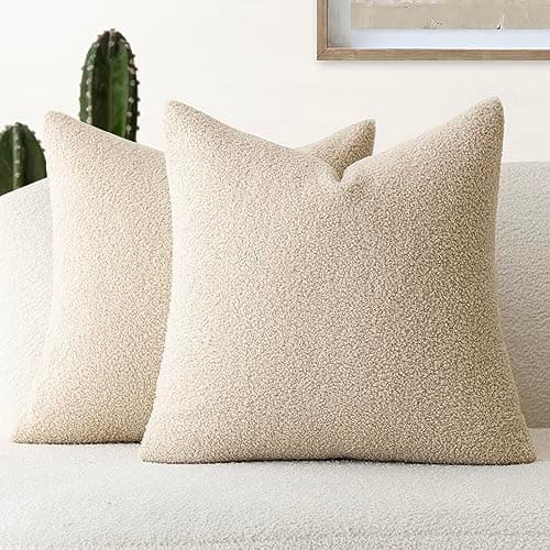 Foindtower Set of 2 Light Beige Faux Fur Throw Pillow Covers, 18 x 18 Inch Plush Cushion Cases for Living Room and Sofa