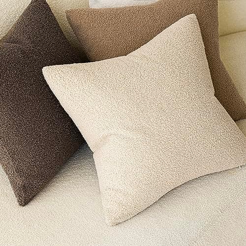 Foindtower Set of 2 Light Beige Faux Fur Throw Pillow Covers, 18 x 18 Inch Plush Cushion Cases for Living Room and Sofa