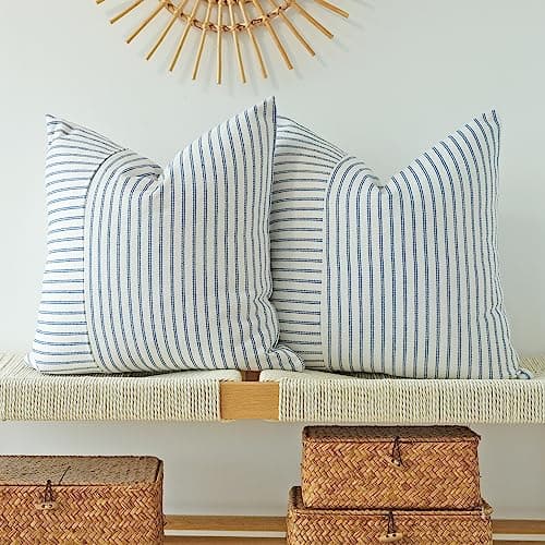 Navy Blue and Beige Patchwork Farmhouse Pillow Covers 16x16 Inch, Pack of 2