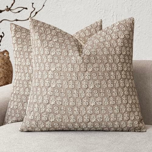 Vintage Floral Print Throw Pillow Covers for Farmhouse Decor - Set of 2, 22x22 Inch