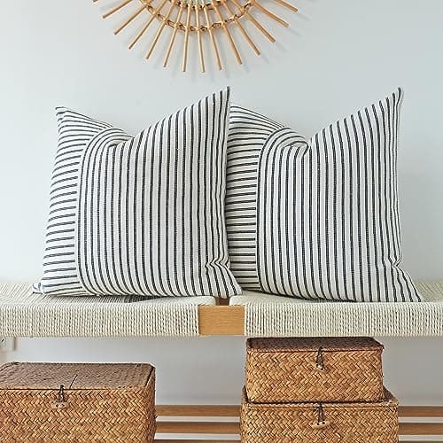 Navy Blue and Beige Patchwork Farmhouse Pillow Covers 16x16 Inch, Pack of 2