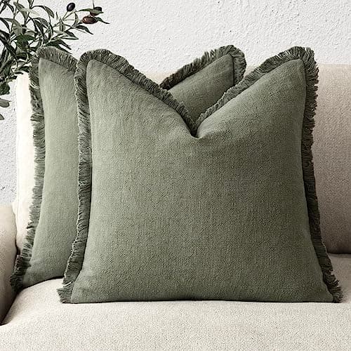 Set of 2 Fringe Throw Pillow Covers for Farmhouse Decor - Olive Green