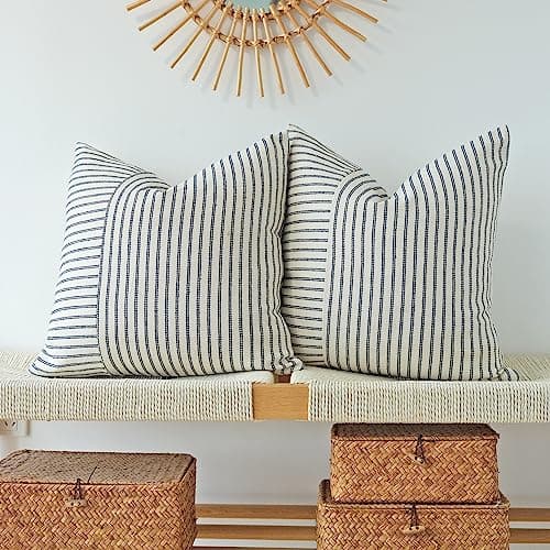 Navy Blue and Beige Patchwork Farmhouse Pillow Covers 16x16 Inch, Pack of 2