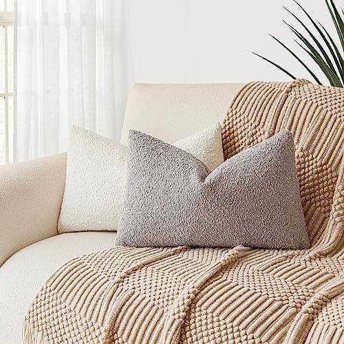 Neutral Grey Boucle Throw Pillow Covers - 12 x 20 Inch - for Living Room Home Decor