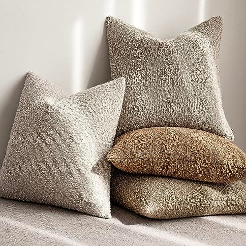 Set of 2 Boucle Throw Pillow Covers, 20 x 20 Inch - Cozy Home Decor for Chair, Sofa, Bedroom, Living Room (Tan Beige)