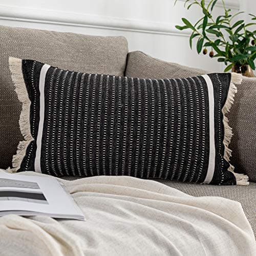 OJIA Modern Woven Throw Pillow Cover with Tassels, Grey (20x20 inches)