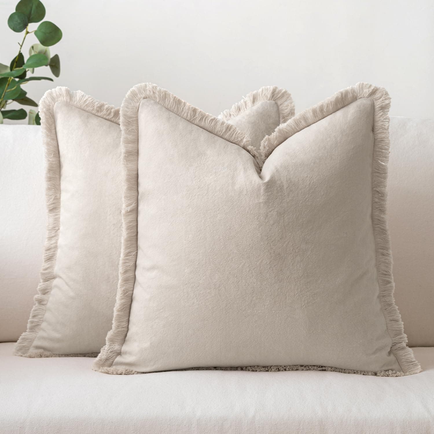 MIULEE Beige Fringe Throw Pillow Covers Set of 2 - Chic Cotton Square Cushion Covers for Farmhouse Boho Decor