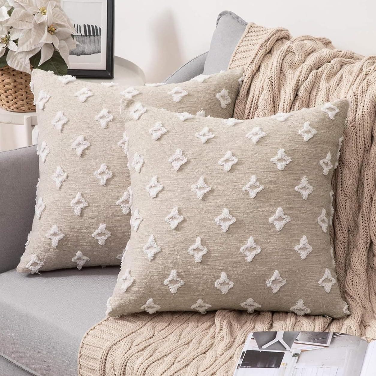 MIULEE Rhombic Jacquard Throw Pillow Covers, 18x18 Inch, Beige for Couch & Bedroom