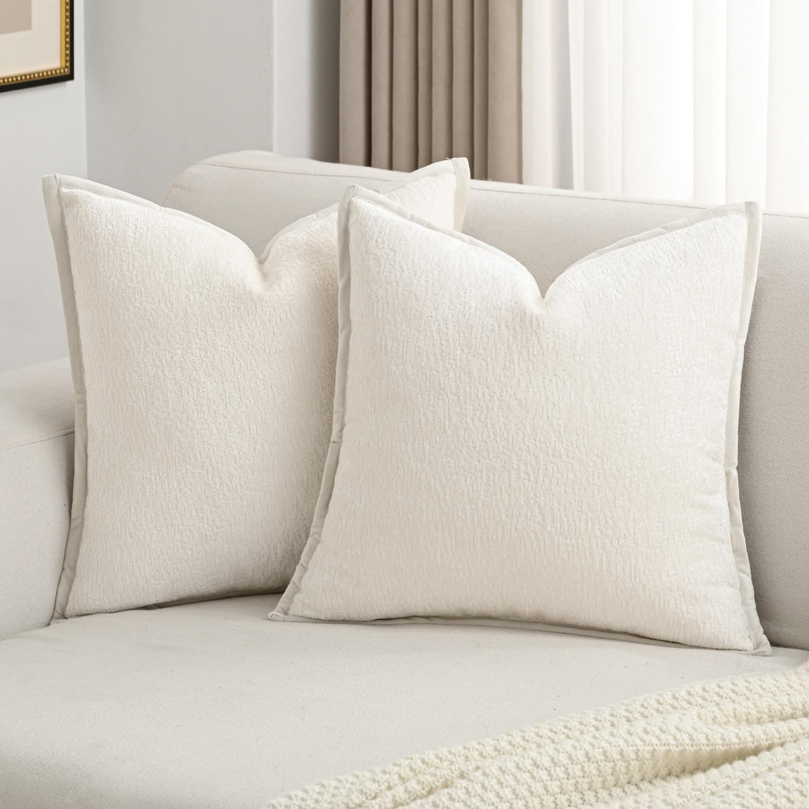 FUTEI Cream Chenille Throw Pillow Covers, 18x18 Inch Set of 2
