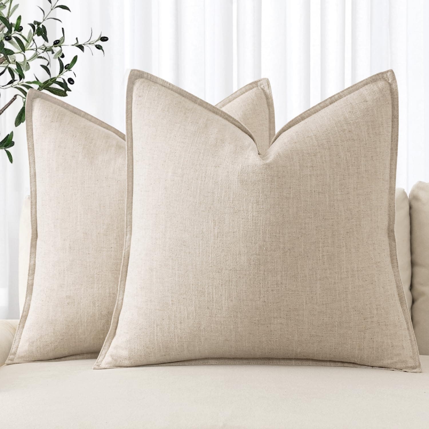 Natural Beige Linen 18x18 Inch Pillow Covers for Farmhouse Decor - Set of 2