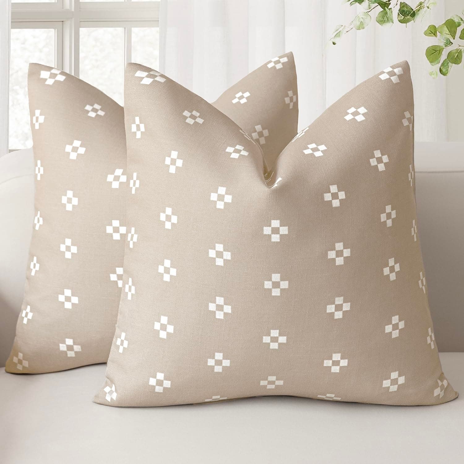 Foindtower Set of 2 Modern Decorative Throw Pillow Covers - 18x18 Inch Light Khaki Farmhouse Boho Home Decor for Couch, Chair, and Living Room