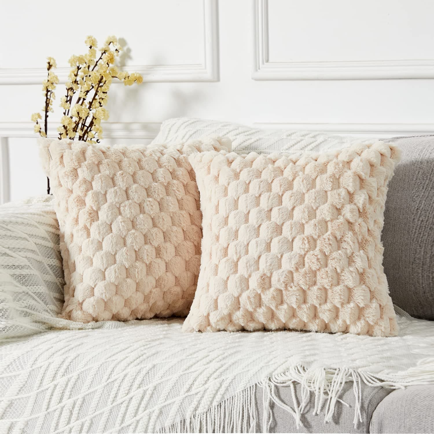Yaertun Pack of 2 Plush Beige Decorative Throw Pillow Covers, 18x18 Inch
