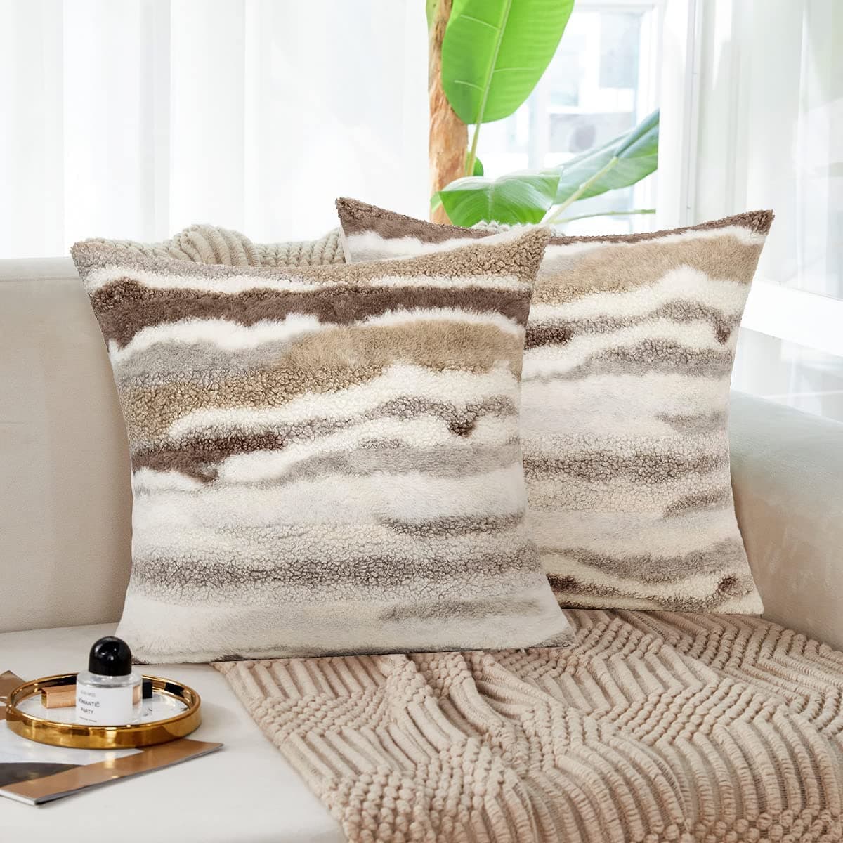 Fluffy Tan Throw Pillow Covers Set of 2 - 18 X 18 Boucle Sherpa Pillow Covers