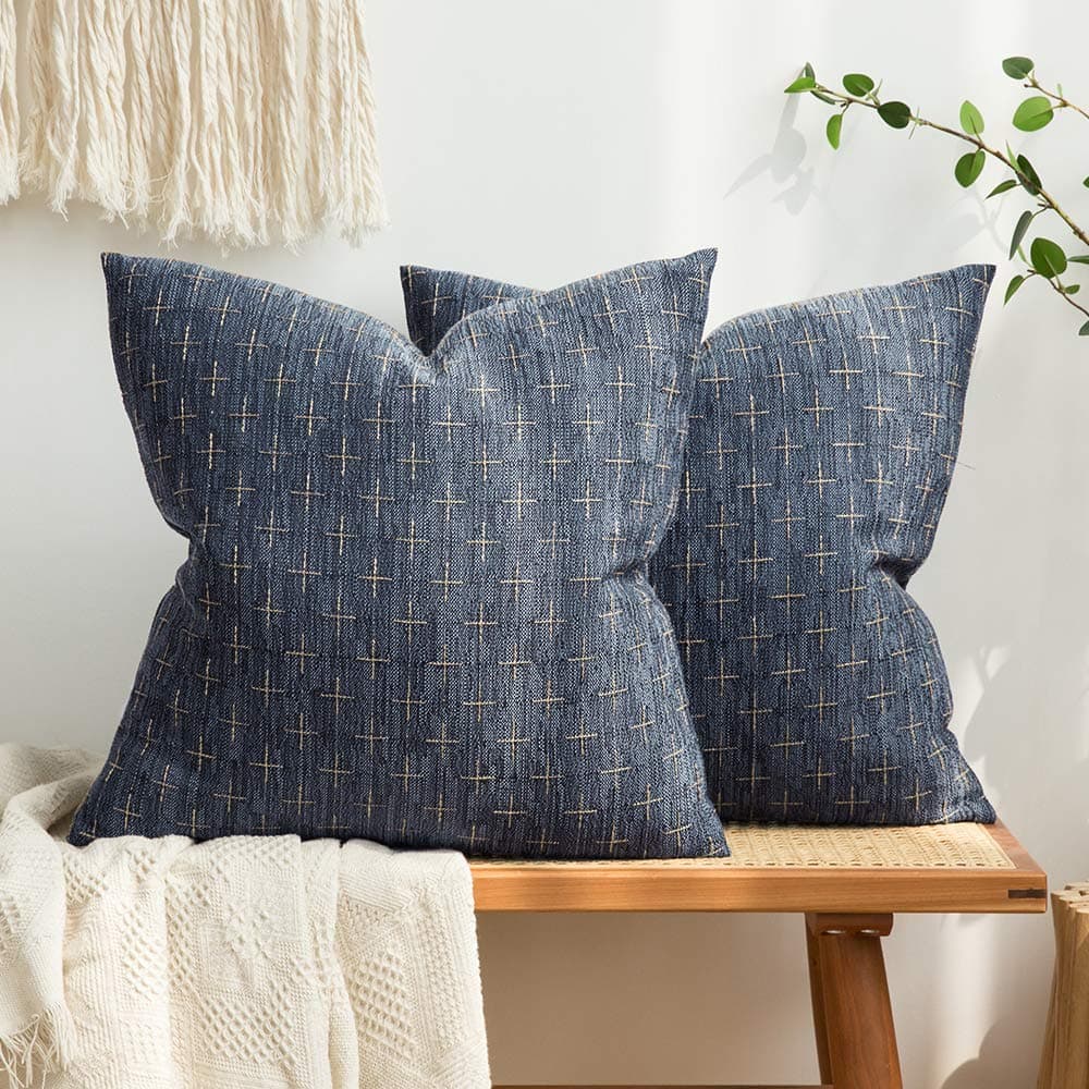 Modern Farmhouse Burlap Linen Pillow Covers for Sofa Couch Bed - Set of 2 Blue - 18x18 Inch