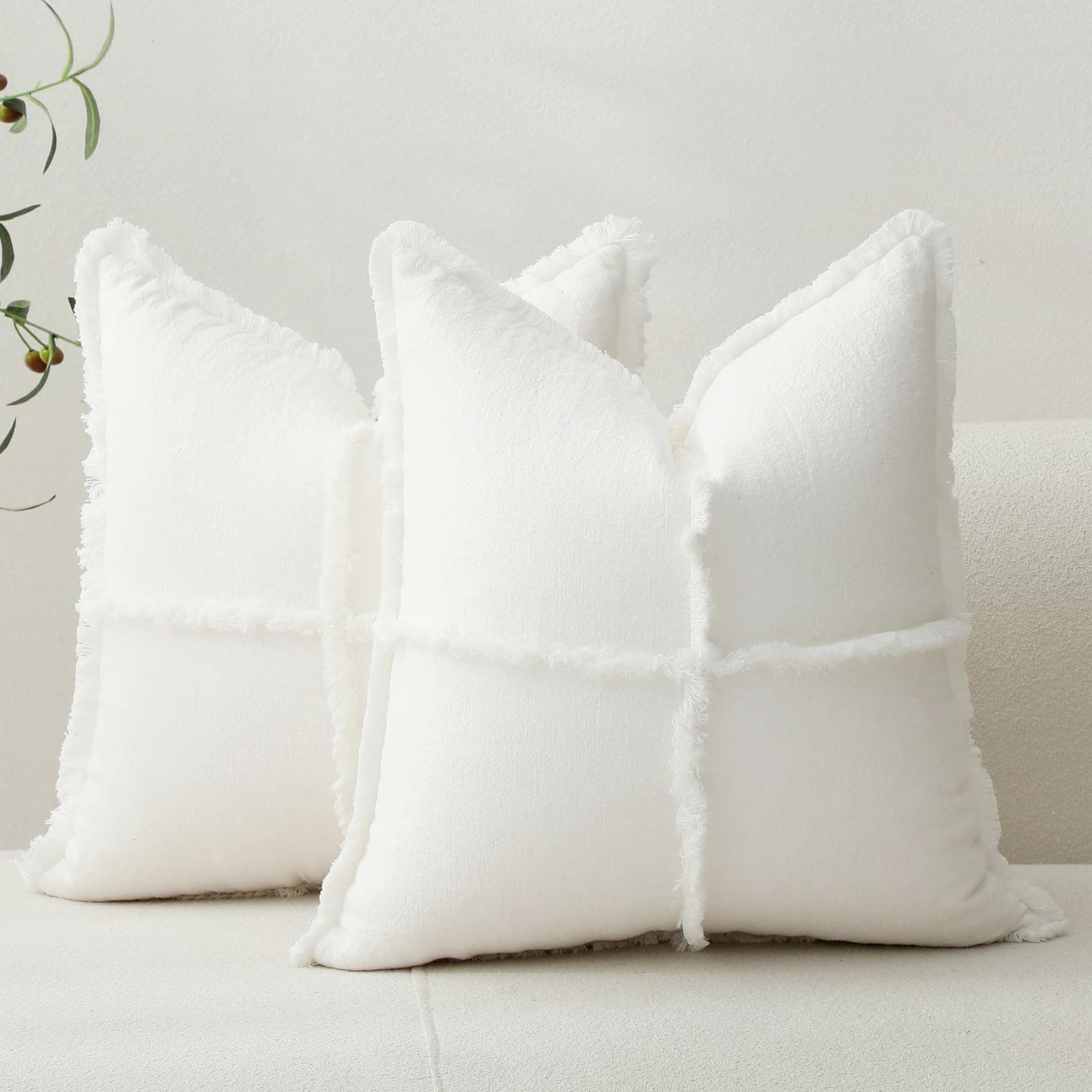 Hckot Boho Farmhouse Throw Pillow Covers, Fringed Tassels, Cozy White Home Decor