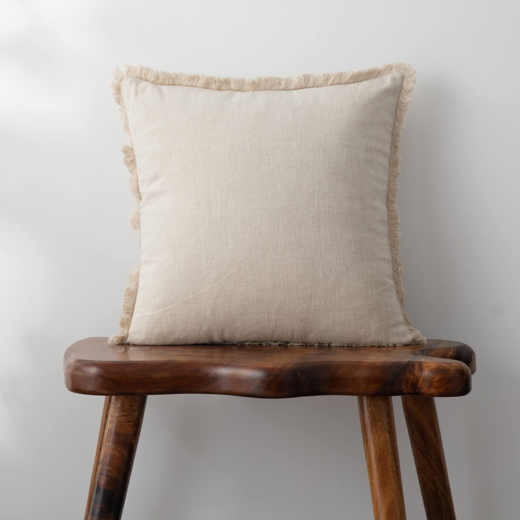 Soft Cozy Boho Linen Fringed Throw Pillow Cover, Beige 18x18 Inches