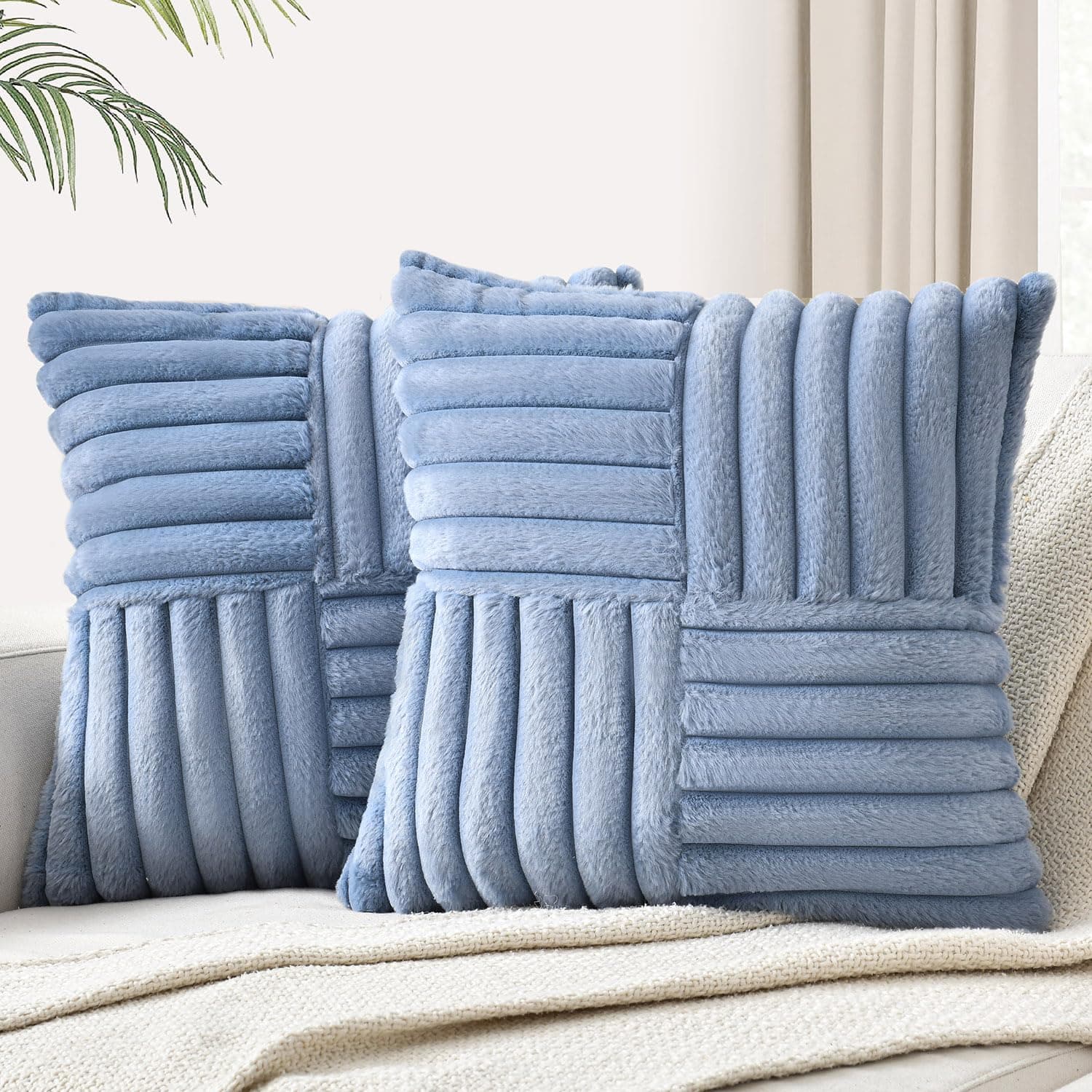 Faux Fur Plush Decorative Throw Pillow Covers 18x18 Inch, Blue, Pack of 2