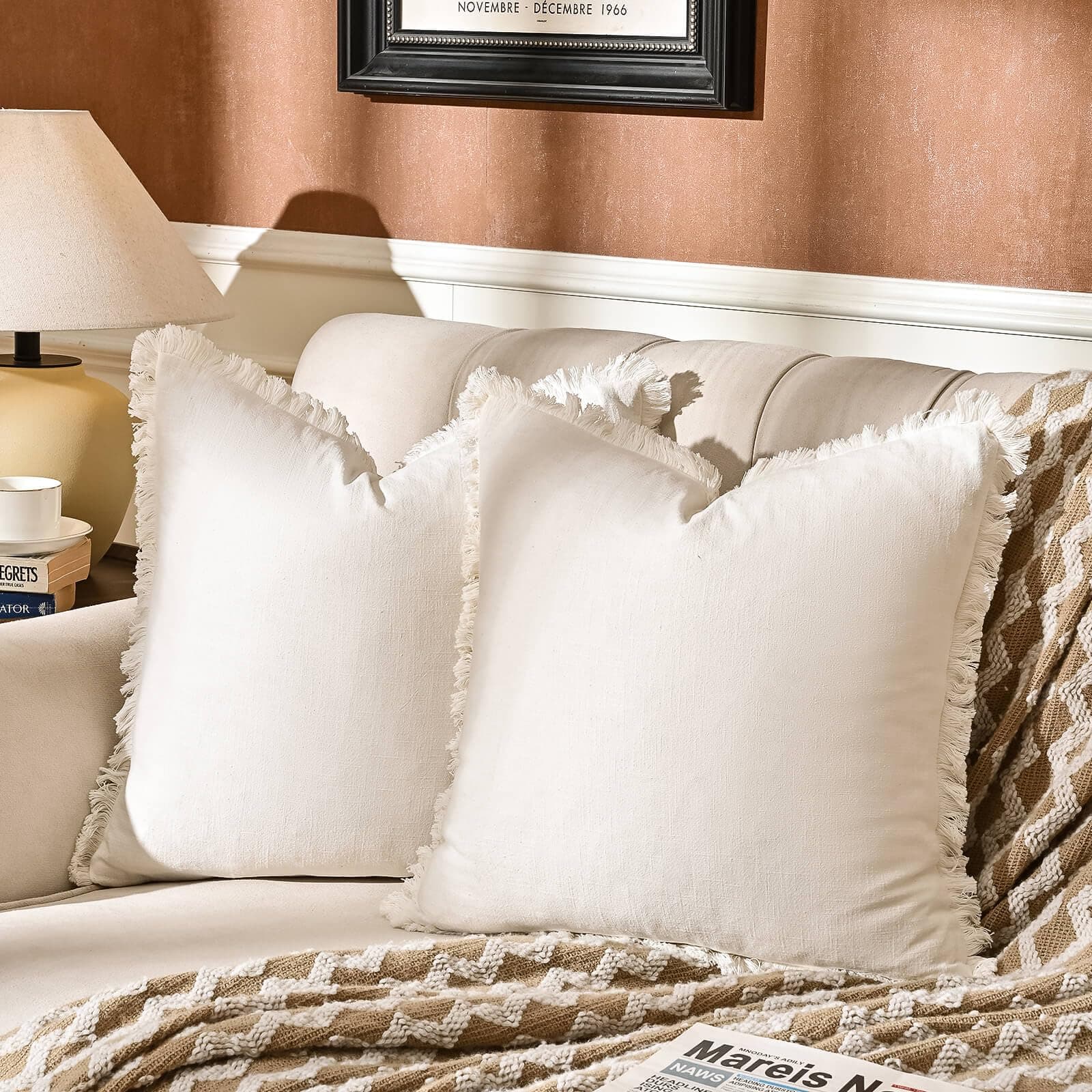 AmHoo 2-Pack Linen Pillow Covers with Tassels for Couch & Bedroom
