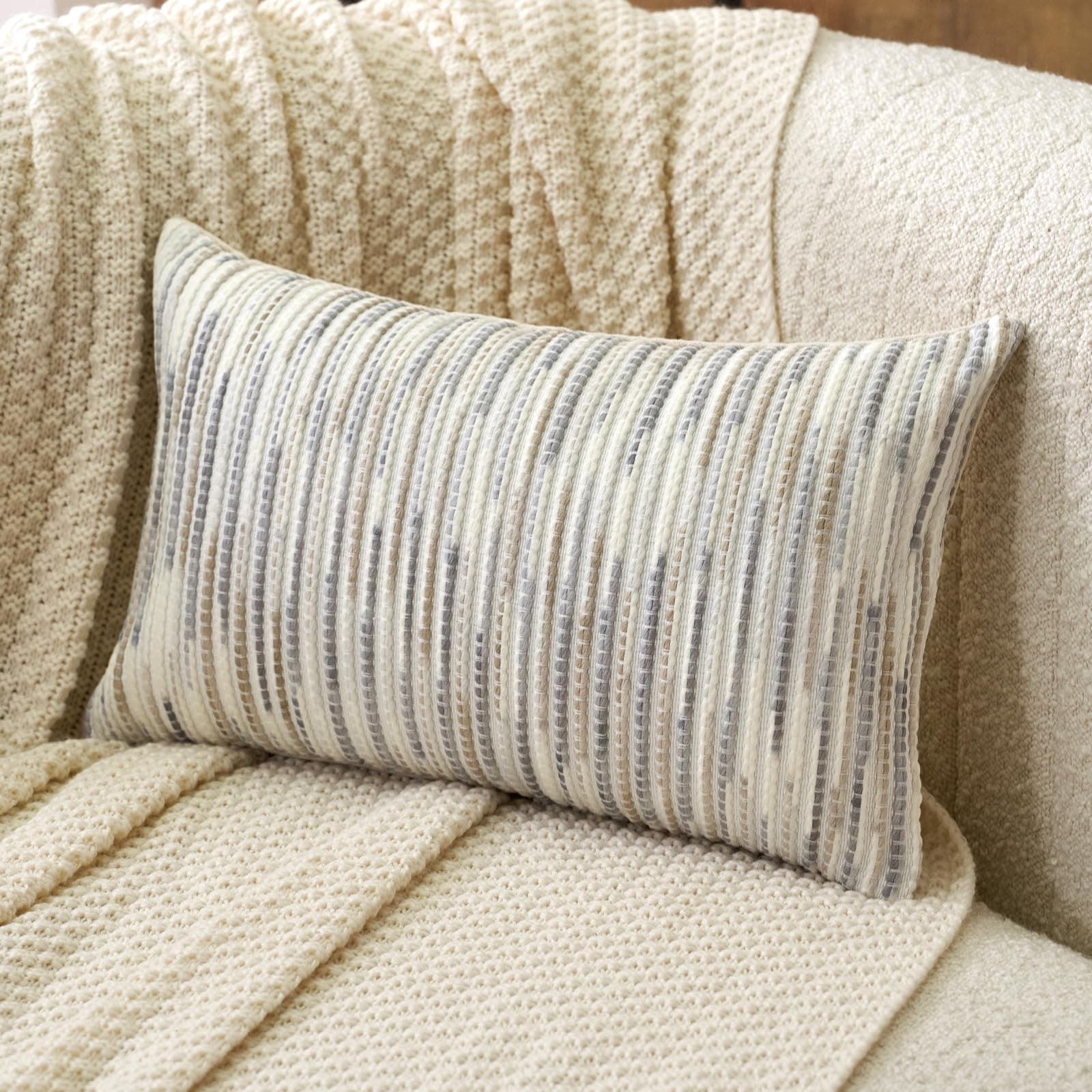 Aeckself Gray & White Boho Striped Chenille Pillow Cover