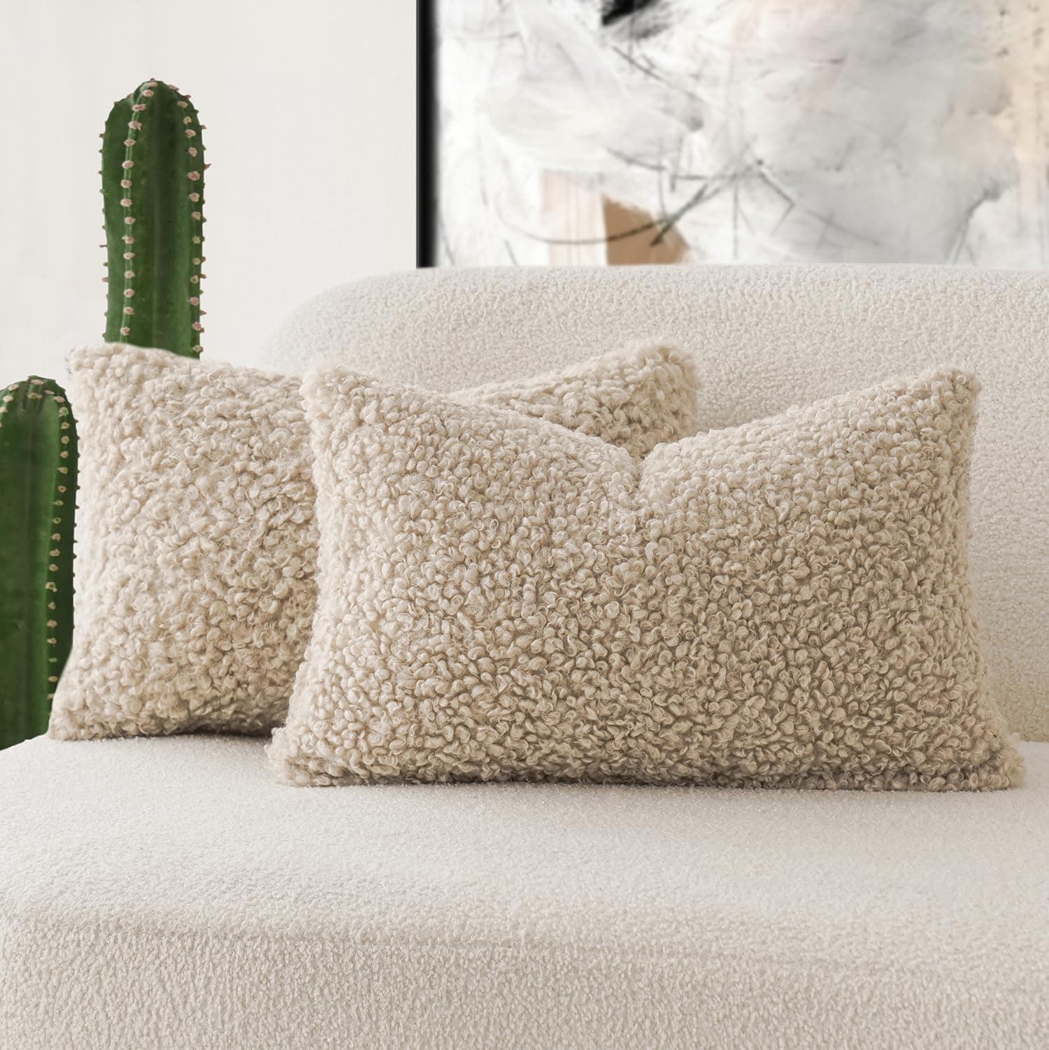 Set of 2 Curly Teddy Wool Lumbar Throw Pillow Covers for Sofa - Light Khaki, 12x20