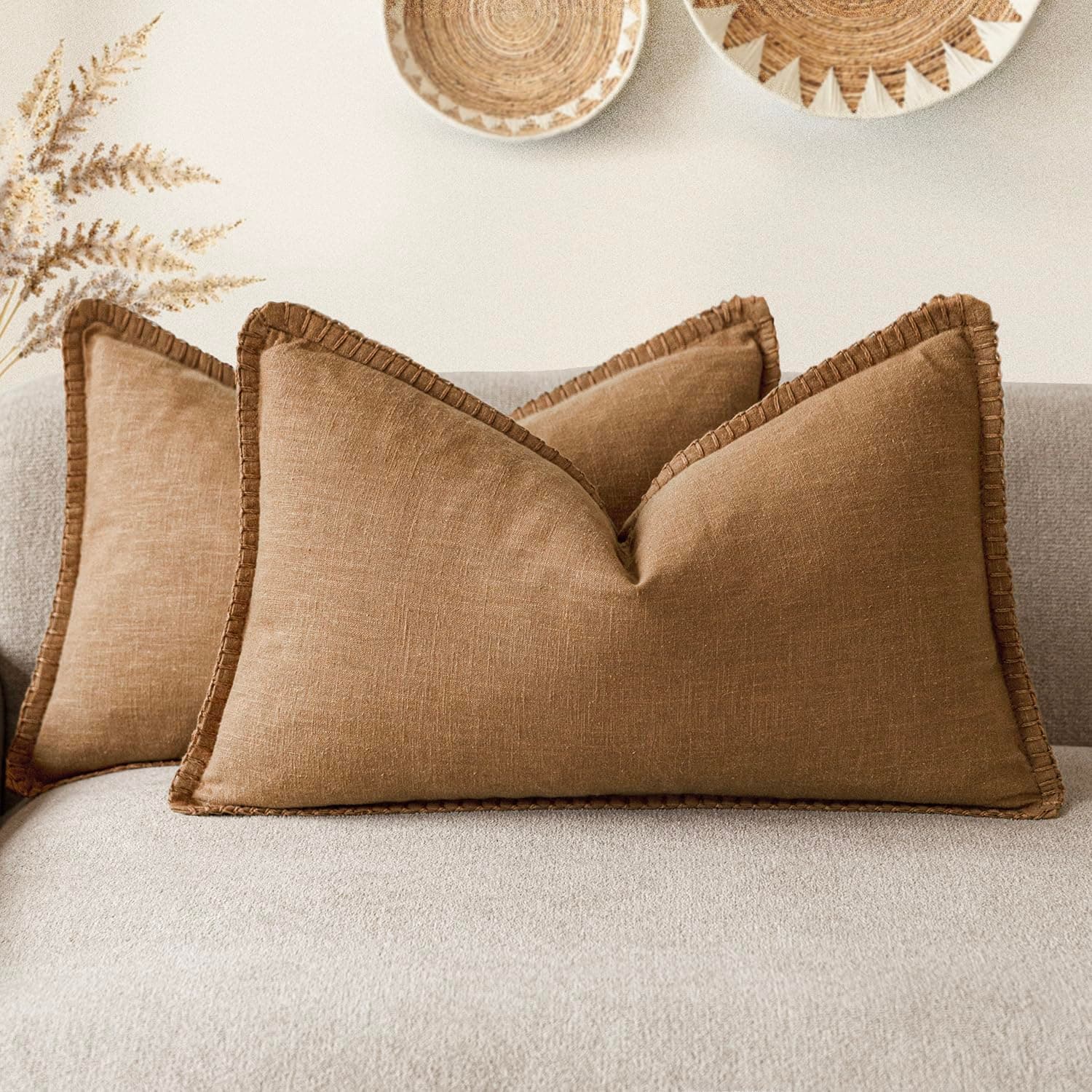 Foindtower Neutral Stitched Throw Pillow Covers 12x20 Set of 2, Rustic Living Room Decor