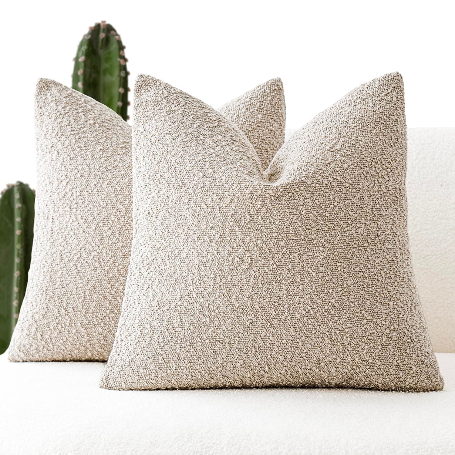Set of 2 Boucle Throw Pillow Covers, 20 x 20 Inch - Cozy Home Decor for Chair, Sofa, Bedroom, Living Room (Tan Beige)