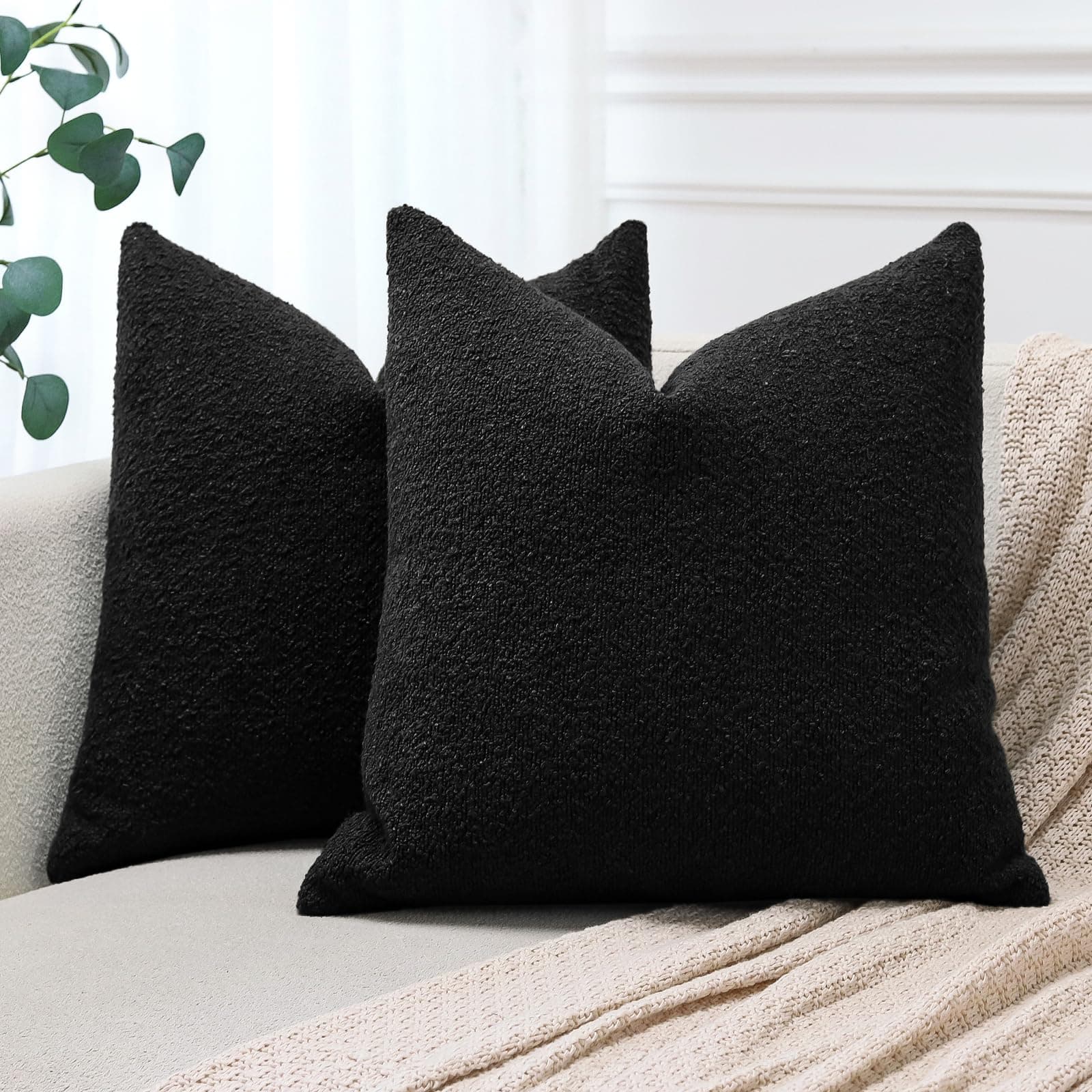 Set of 2 Black Boucle Throw Pillow Covers 22x22 Inch for Farmhouse Decor