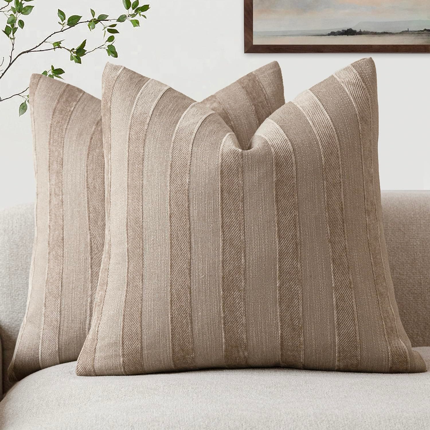 Foindtower Set of 2 Striped Chenille Throw Pillow Covers - 20x20 Inch Luxury Cushion Covers for Home Decor in Khaki Tan