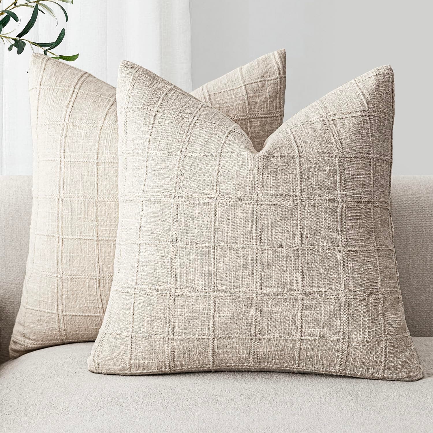 Neutral Farmhouse Check Throw Pillow Covers for Home Decor, Set of 2 - 20x20 Inch