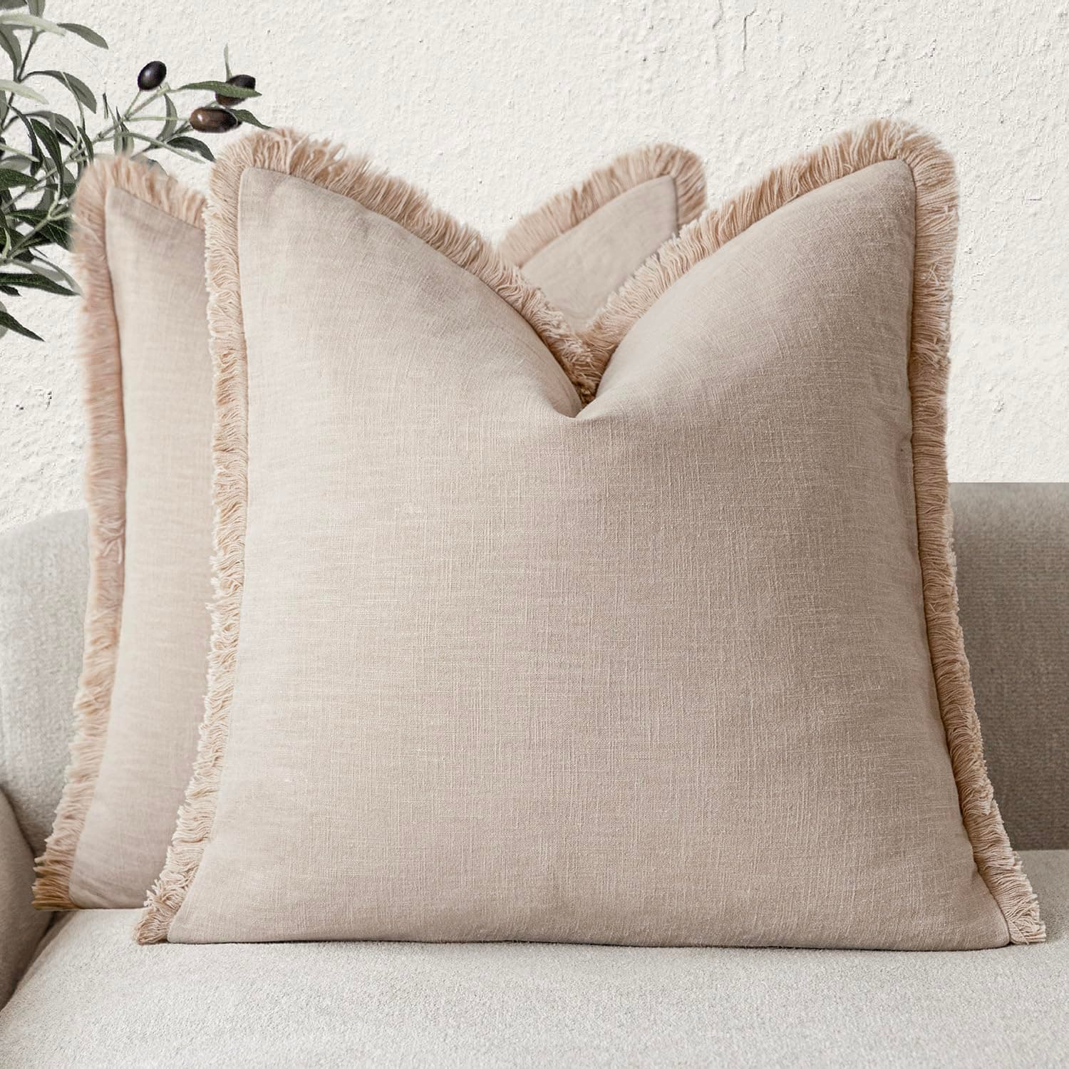 Foindtower Set of 2 Boho Decorative Linen Pillow Covers with Tassels - 18x18 Inch Tan Beige for Couch, Chair, and Sofa Decor
