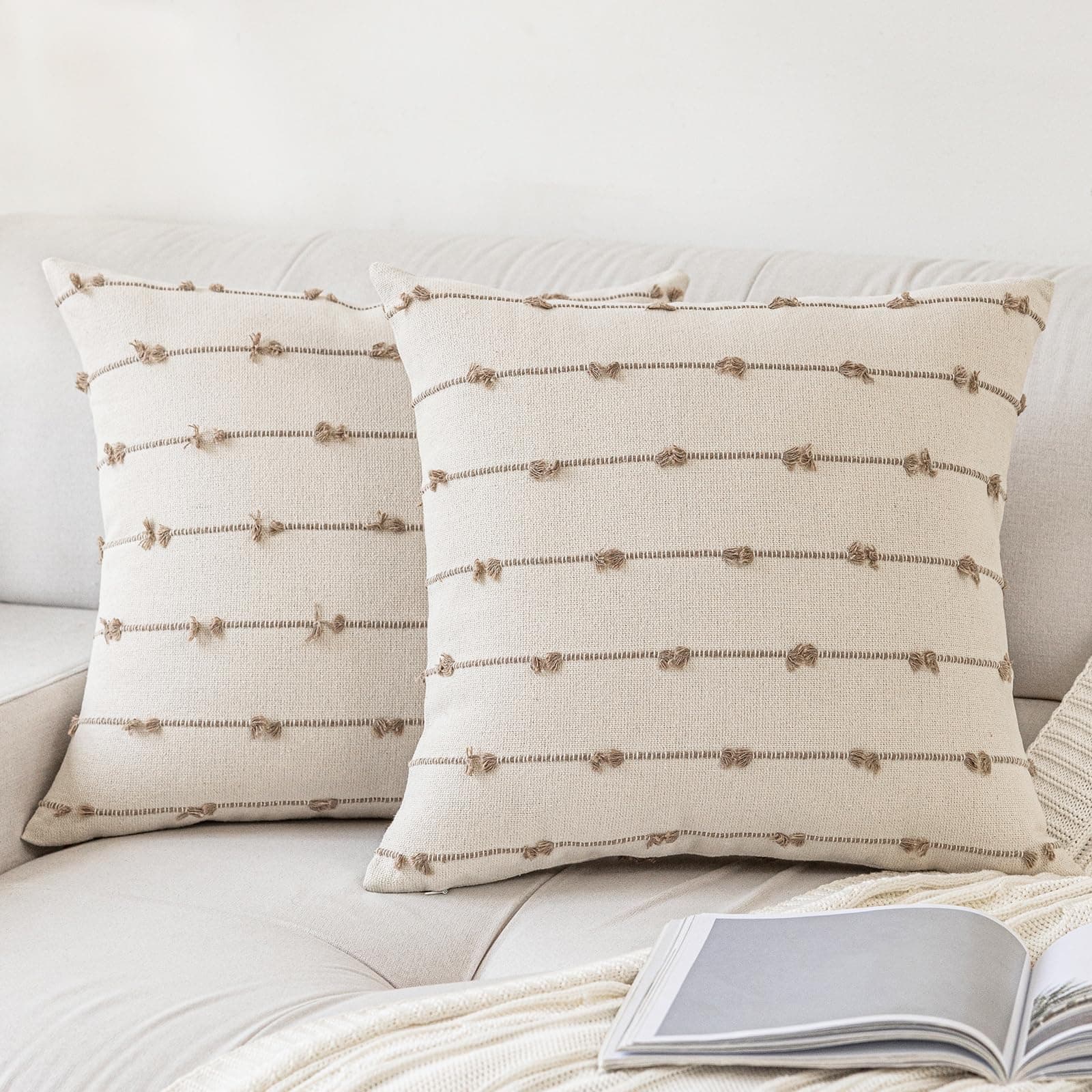 Boho 20x20 Modern Farmhouse Tufted Square Pillows Cover Beige Khaki