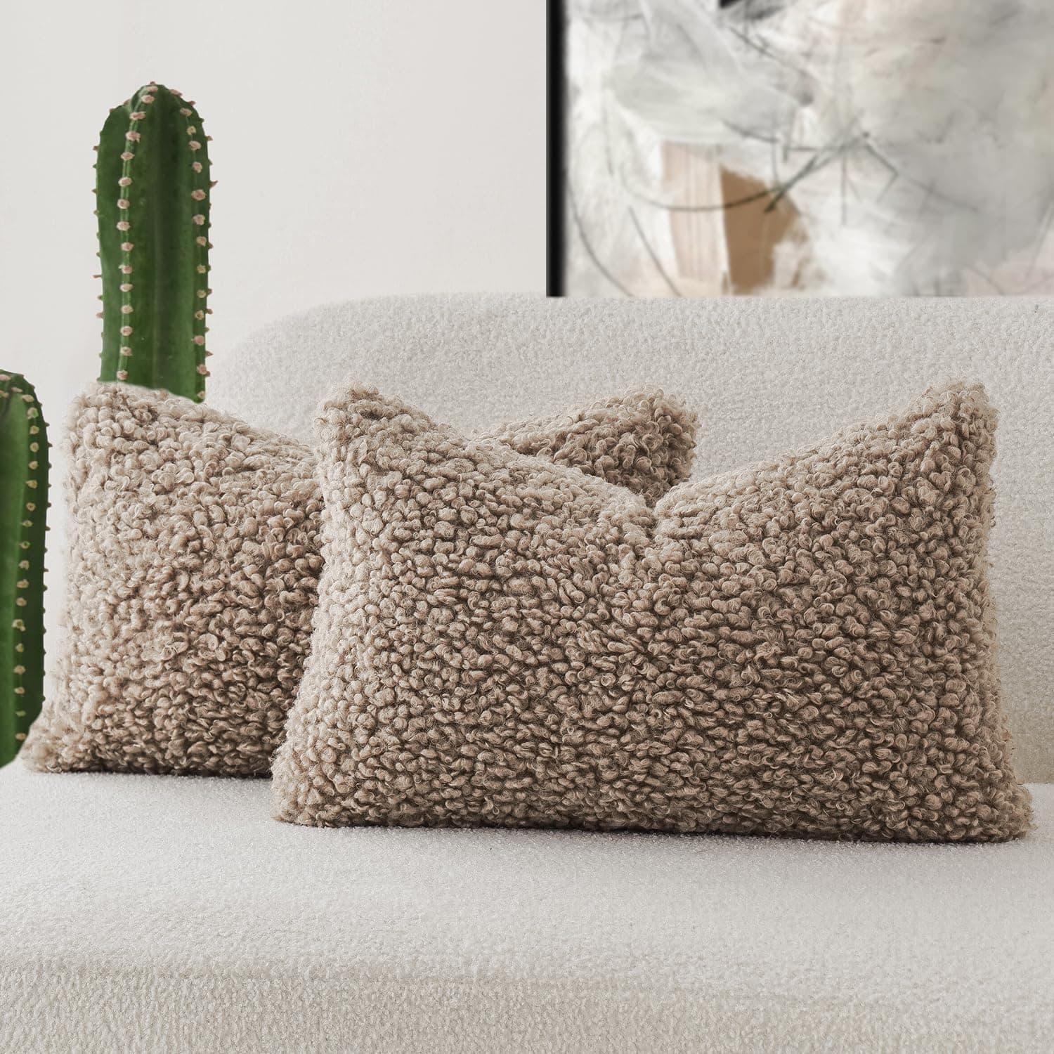 Set of 2 Curly Teddy Wool Pillow Covers for Sofa Bedroom Car - 12x20 Khaki