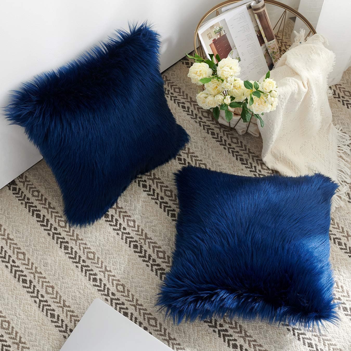 Mongolian Plush Faux Fur Decorative Pillow Cover Set for Living Room - Dark Blue 20x20 Inch