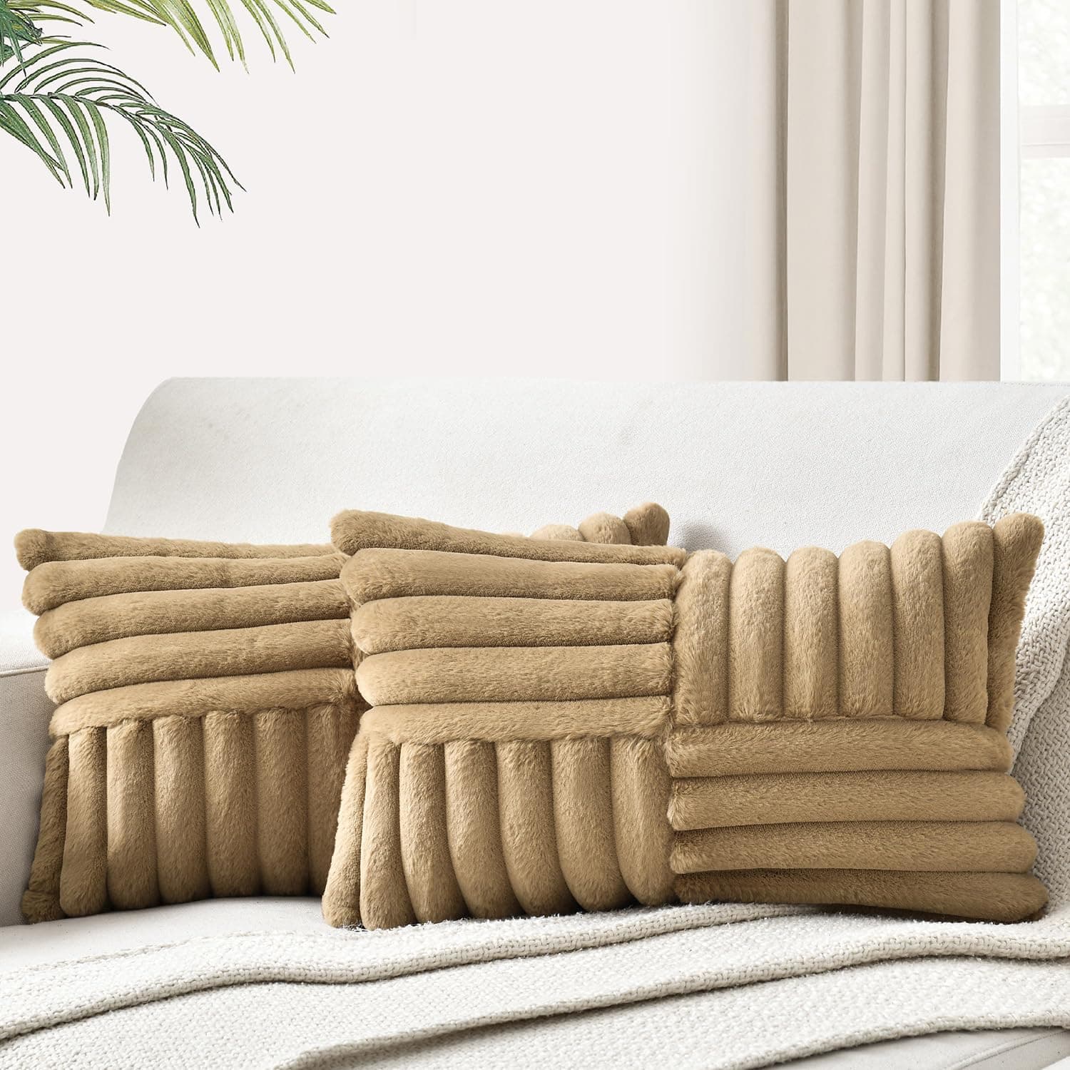 Faux Fur Striped Pillow Covers Set of 2 for Home Decor 12x20 Inch Khaki