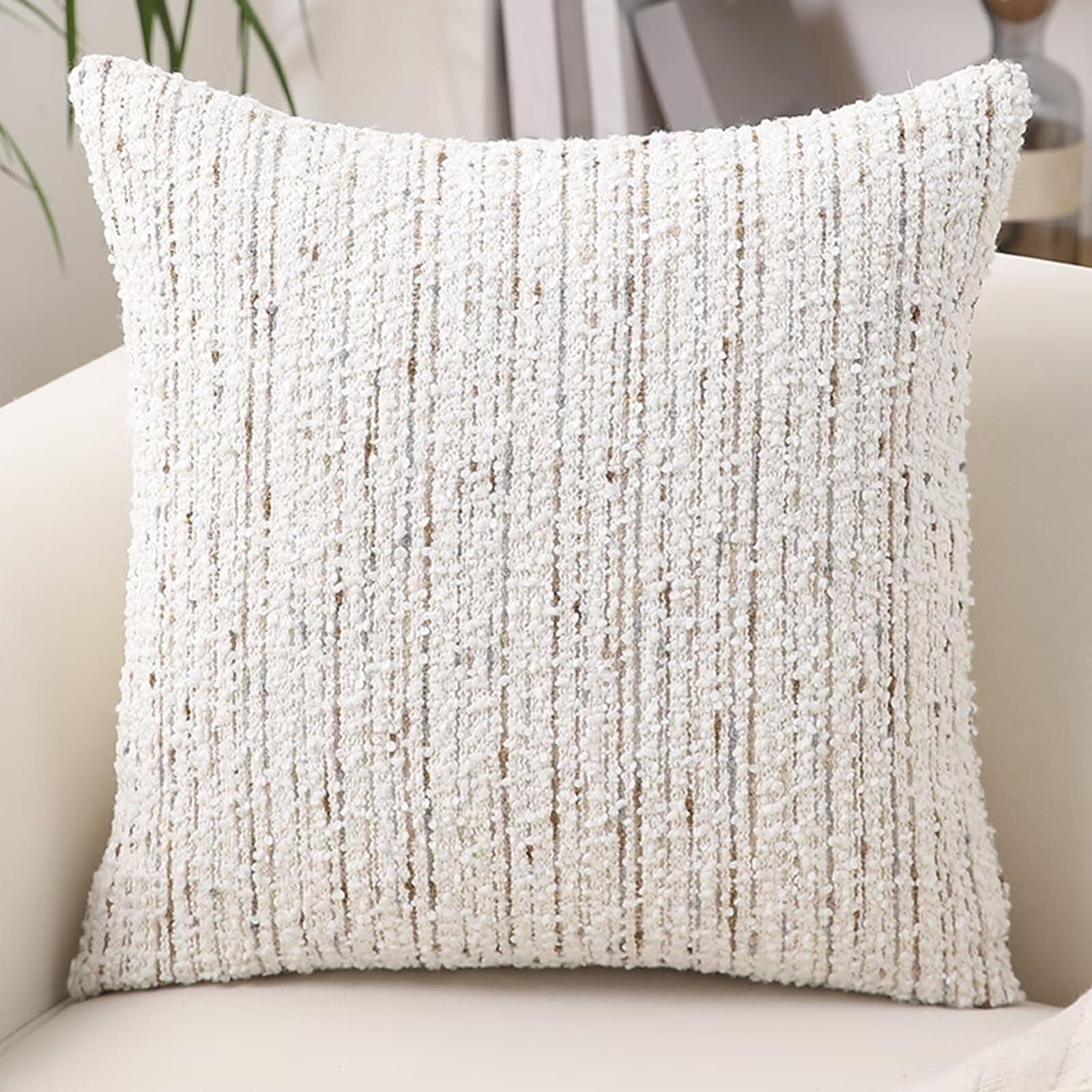 Neutral Textured Boucle Pillow Cover 18x18 with Stripes, Soft Modern Farmhouse Decor Accent