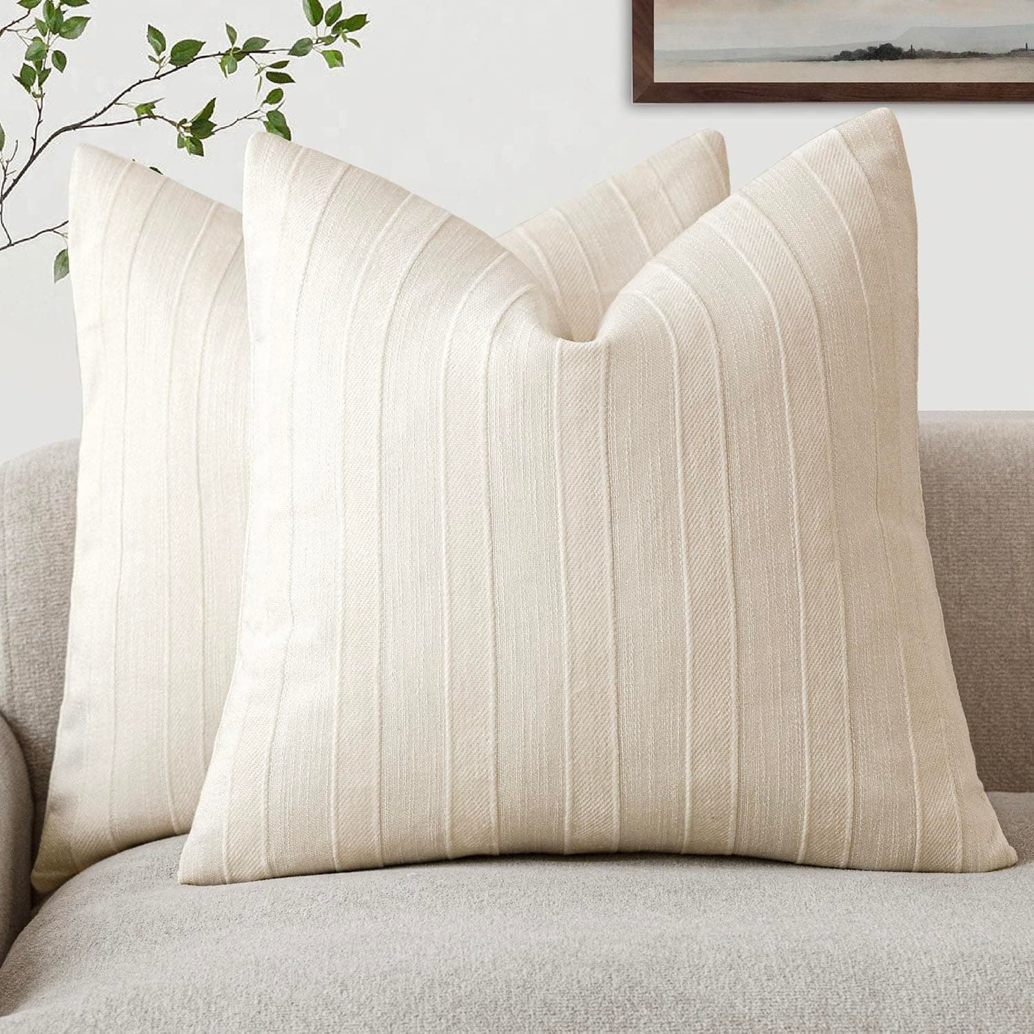 Foindtower Striped Chenille Throw Pillow Covers, Cream White, 20x20 Inch
