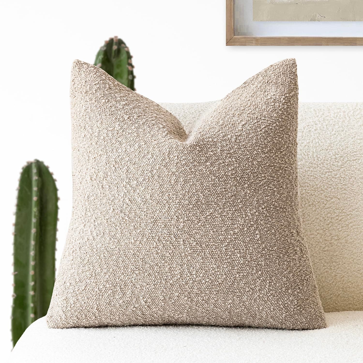 Decorative Boucle Throw Pillow Covers for Home Decor - Beige Oatmeal, 22 x 22 Inch